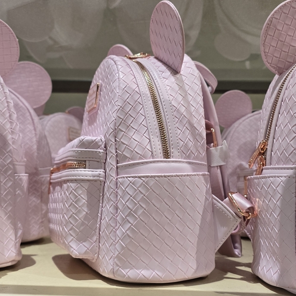 Loungefly Pink Rose Gold Woven Minnie Mouse Ear Backpack Disney Parks Disneyland